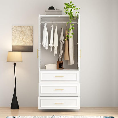 WOODTIME Wardrobe Closet with Hanging Rod, 3 Framed Drawers & 2 Glass Doors, Modern Wooden Armoire, Clothes Storage Cabinet Organizer for Bedroom Apartment, White