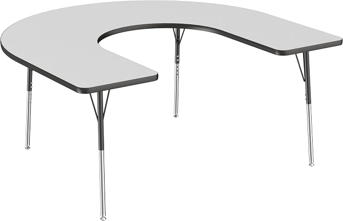 FDP Horseshoe Activity School and Office Table (60 x 66 inch), Standard Legs with Swivel Glides for Collaborative Seating Environments, Adjustable Height 19-30 inches - Gray Top and Black Edge