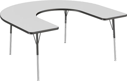 FDP Horseshoe Activity School and Office Table (60 x 66 inch), Standard Legs with Swivel Glides for Collaborative Seating Environments, Adjustable Height 19-30 inches - Gray Top and Black Edge