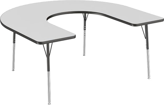 FDP Horseshoe Activity School and Office Table (60 x 66 inch), Standard Legs with Swivel Glides for Collaborative Seating Environments, Adjustable Height 19-30 inches - Gray Top and Black Edge