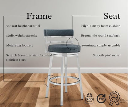 Armen Living Madrid 30" Seat Height Swivel Modern Blue Faux Leather and Brushed Stainless Steel Bar Stool for Kitchen Island Counter