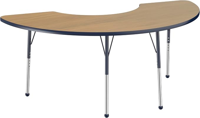 FDP Half Moon (36 x 72) Classroom Teacher Table with Adjustable Standard Ball Glide Legs (19-30 in) School and Office Furniture - Pasadena Oak Top/Navy Edge and Legs