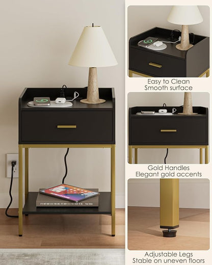 Masupu Nightstand with Charging Station,3-Tier Modern Bedside Night Stand with Storage Drawer and Shelf,Small End Side Table for Bedroom,Living Room,Gold and Black