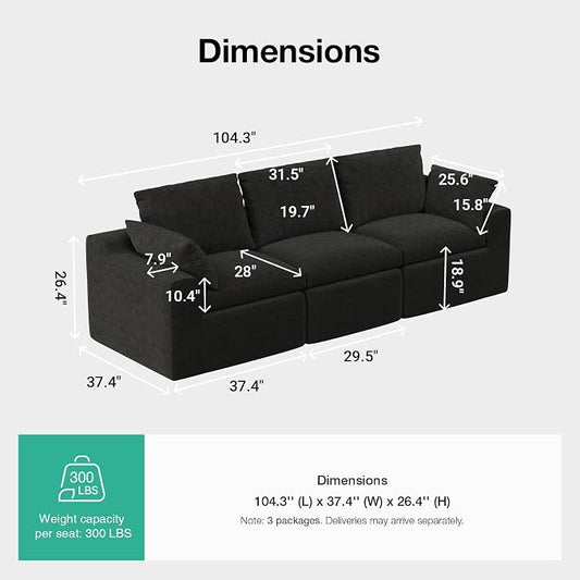 Novilla 104.3" Modular Cloud Couch, Modern Sectional Sofa with Smarts Coil® Support, Chenille Fabric, Upholstered Couch for Living Room Apartments Bedroom, No Assembly, 3 Seater, Dark Grey