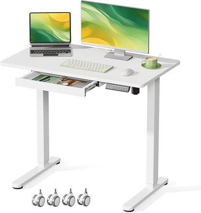 Gibbon Mounts 35inch Standing Desk with Drawer, Height Adjustable on Wheels | 18mm One-piece Desktop with Cable Clip, Electric Power Lift, 4 Lockable Casters, White Rising Workstation for Home & Office