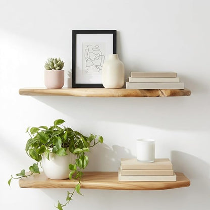 WELLAND Set of 2 24 Inch Cedar Natural Edge Floating Shelf Rustic Solid Cedar Wood Wall Mounted Shelves for Living Room, Bedroom, Kitchen, Bathroom, Home Office, Entryway