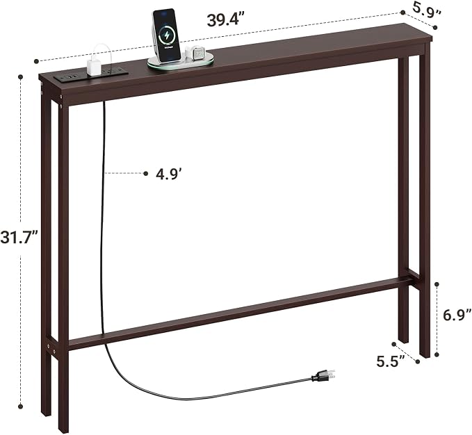 ELYKEN Bamboo Narrow Console Table with Charging Station, Slim Sofa Table Behind Couch, Entryway Table with Outlets for Living Room, Hallway, 5.9 x 39.4 x 31.1in, Brown