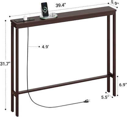 ELYKEN Bamboo Narrow Console Table with Charging Station, Slim Sofa Table Behind Couch, Entryway Table with Outlets for Living Room, Hallway, 5.9 x 39.4 x 31.1in, Brown