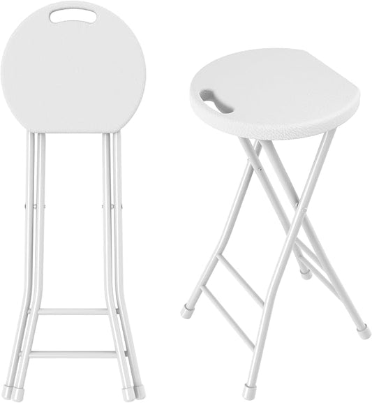 24 Inch Folding Stool Set of 2, Portable Folding Stool with Handle & Non-Slip Feet, Sturdy 440lbs Capacity Folding Bar Stool for Kitchen,Outdoor Camping, Fishing, White