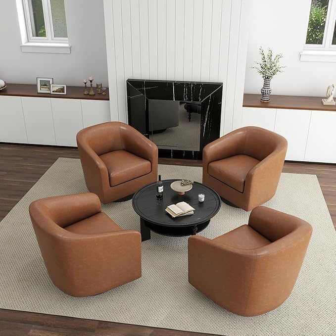 PU Leather Swivel Accent Chairs Set of 4, Barrel Club Chair Upholstered Armchair for Living Room - Brown