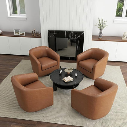 PU Leather Swivel Accent Chairs Set of 4, Barrel Club Chair Upholstered Armchair for Living Room - Brown
