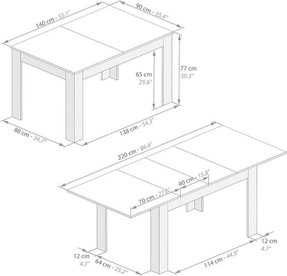 Mobili Fiver Easy Extendable Dining Table, 55.1 to 86.6 Inches, Seats 6-8, Ashwood White, Made in Italy