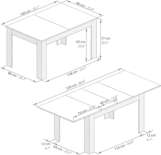 Mobili Fiver Easy Extendable Dining Table, 55.1 to 86.6 Inches, Seats 6-8, Ashwood White, Made in Italy