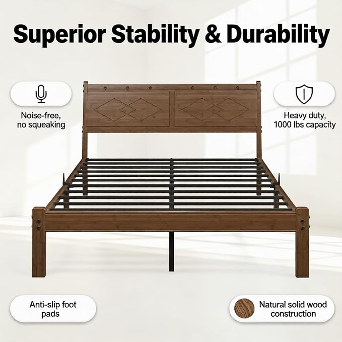 Askeld 14 inch Bamboo Full Bed Frame with Headboard, Light Cottagecore Solid Wood Platform Bed No Box Spring Needed, Easy Assembly, Noise Free, Light Walnut Color