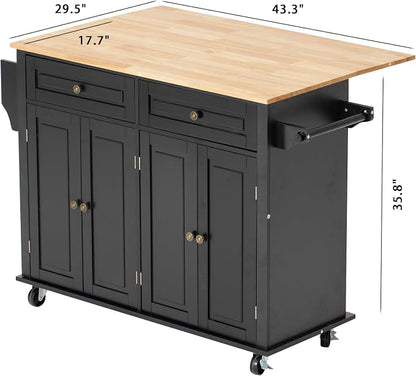 51 Kitchen Island Cart with Drop Leaf Breakfast Bar, Rolling Mobile Kitchen Island Table on Wheels with Storage Cabinet, Drawer, Spice/Towel Rack, Black