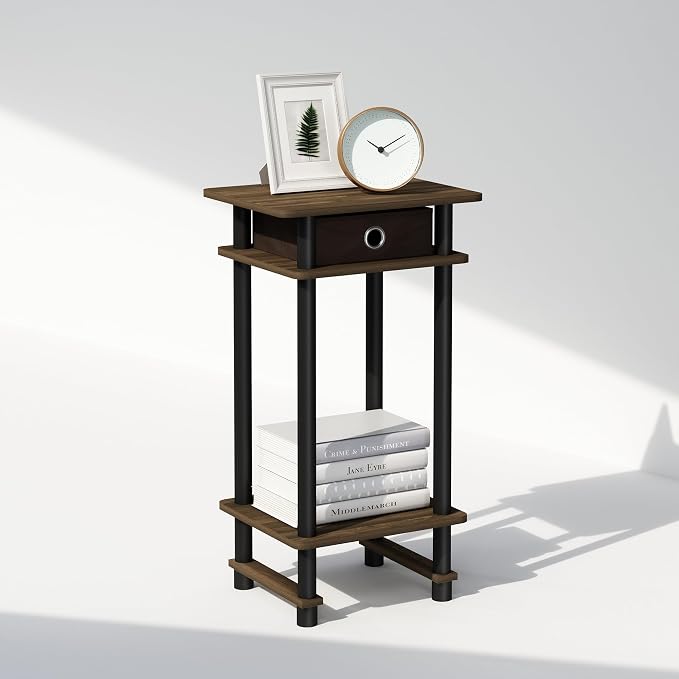 Furinno Turn-N-Tube Tall Nightstand with Bin, 1-Pack, Plastic Poles, Columbia Walnut/Black/Dark Brown