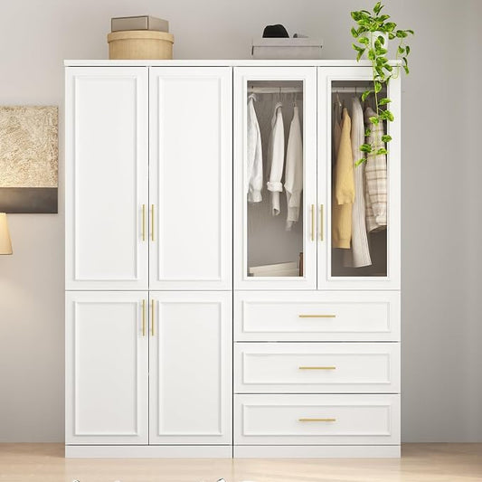 WOODTIME Wardrobe Closet with 2 Hanging Rods, 6 Framed Doors & 3 Drawers, Modern Wooden Armoire with Glass Doors & 4 Shelves, Clothes Storage Cabinet Organizer for Bedroom Apartment, White