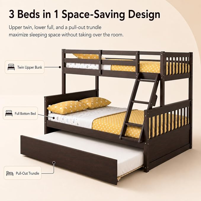 NAFORT Twin Over Full Bunk Bed with Trundle, Solid Wood Bunk Bed Frame, Ladder & Guardrails, Converts to 2 Platform Beds for Kids/Teens/Guests (Espresso, Twin Over Full with Trundle)