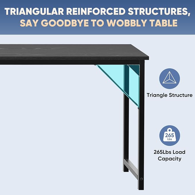 DUMOS 63 Inch Computer Desk Writing Gaming Study Work Large Desks for Bedroom Home Office with Metal Frame Simple Modern PC Compact Table Workstation, Wood Black