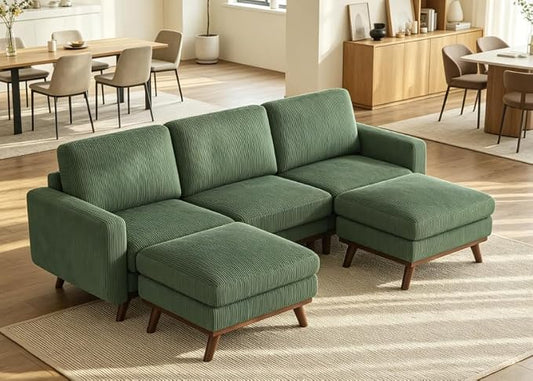 Convertible U-Shaped Corduroy Sectional Sofa, 3-Seater Couch with 2 Ottomans, FSC Solid Wood Frame, Spring Cushions, Green