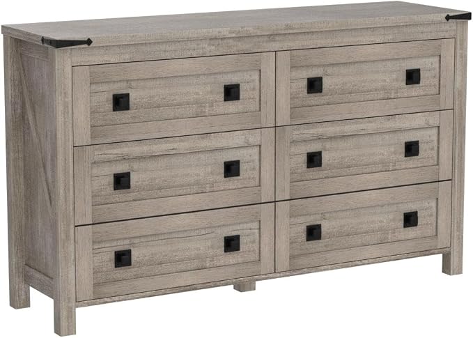 T4TREAM 54" Wide Farmhouse 6-Drawer Dresser for Bedroom, Light Rustic Oak | Rustic, Wood Storage Cabinet, Metal Handle, Unique Corner Accent, Bedroom, Living Room, Hallway