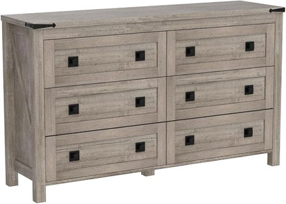 T4TREAM 54" Wide Farmhouse 6-Drawer Dresser for Bedroom, Light Rustic Oak | Rustic, Wood Storage Cabinet, Metal Handle, Unique Corner Accent, Bedroom, Living Room, Hallway
