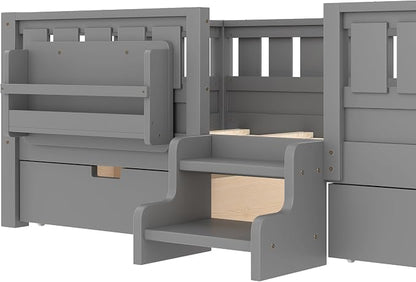 Bellemave Twin Montessori Bed with Stairs, Rails and Slats, Twin Size Montessori Floor Bed with Bookshelf and 2 Storage Drawers, Easy Assemble Beds Frame for Girls, Boys, Gray