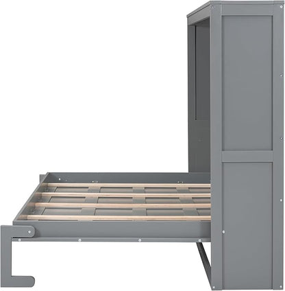 Merax ModernMurphy Cabinet Bed, Solid Wood Wall Platform Bed/No Box Spring Needed/Easy Assemble/Full,Gray