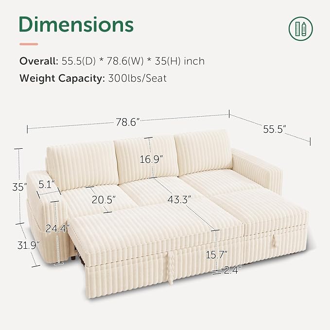 HONBAY Modular Sectional Sofa with Pull Out Bed,Corduroy L Shaped Sleeper Sofa with Storage, Sectional Couches for Living Room,Beige