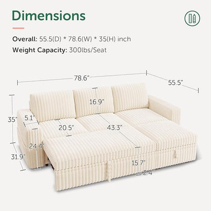 HONBAY Modular Sectional Sofa with Pull Out Bed,Corduroy L Shaped Sleeper Sofa with Storage, Sectional Couches for Living Room,Beige