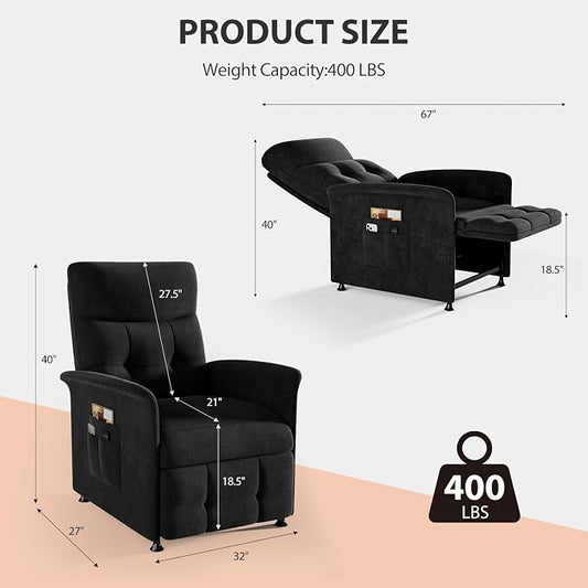 Power Recliner Chair for Adults with Heat & Massage - Soft Fabric Electric Reclining Sofa with Remote Control, 3 Side Pockets, 180° Lay Sleeper for Home Theater Living Room, Black