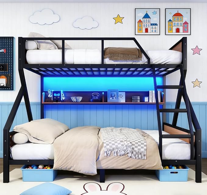 Bellemave Bunk Bed Queen Over King with LED, Heavy Duty Metal Bunk BedFrame with Storage Shelves and Lights, Woodgrain+Black