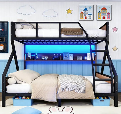 Bellemave Bunk Bed Queen Over King with LED, Heavy Duty Metal Bunk BedFrame with Storage Shelves and Lights, Woodgrain+Black