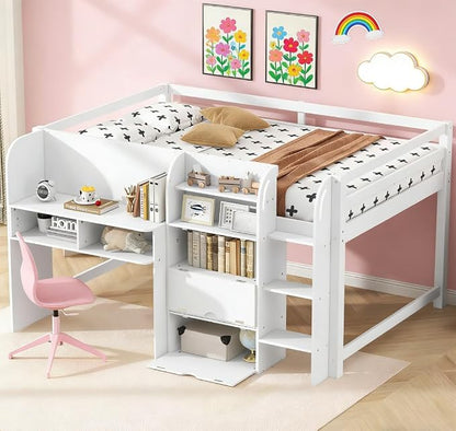 Bellemave Full Size Low loft Bed with Desk, for Kids,Wood Modern Farmhouse Full Loft Bed with Storage Cabinets,Bookcase, No Box Spring Needed, White