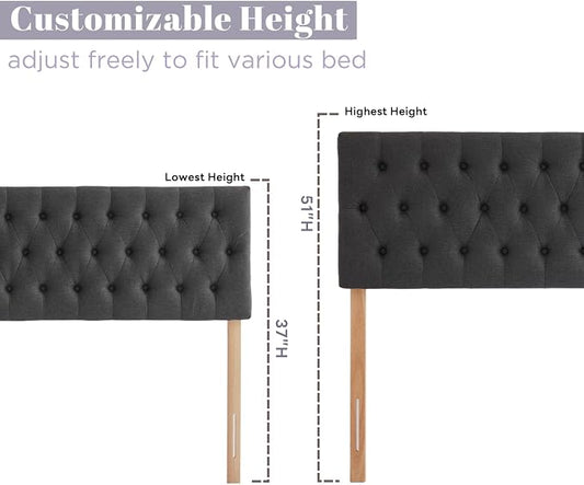 Tufted Upholstered Twin Size Bed Headboard in Modern Button Design, Adjustable Solid Wood Head Board, Premium Linen Fabric Padded Headboards in Bedroom (Dark Grey)