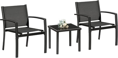 Greesum 3 Pieces Patio Furniture Outdoor Bistro Set Textilene Fabric Chairs for Lawn, Garden, Balcony, Poolside with A Glass Coffee Table, Black