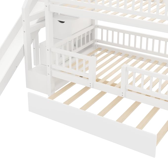 RUNNA Twin Over Twin Bunk Bed with Slide,Trundle,Storage Stairs,White | Twin over twin bunk bed with slide, trundle, storage stairs,solid pine wood frame,guardrails no box spring needed,White