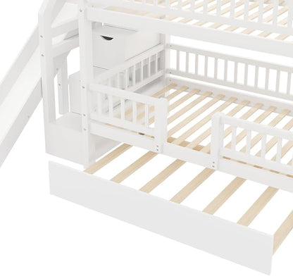 RUNNA Twin Over Twin Bunk Bed with Slide,Trundle,Storage Stairs,White | Twin over twin bunk bed with slide, trundle, storage stairs,solid pine wood frame,guardrails no box spring needed,White