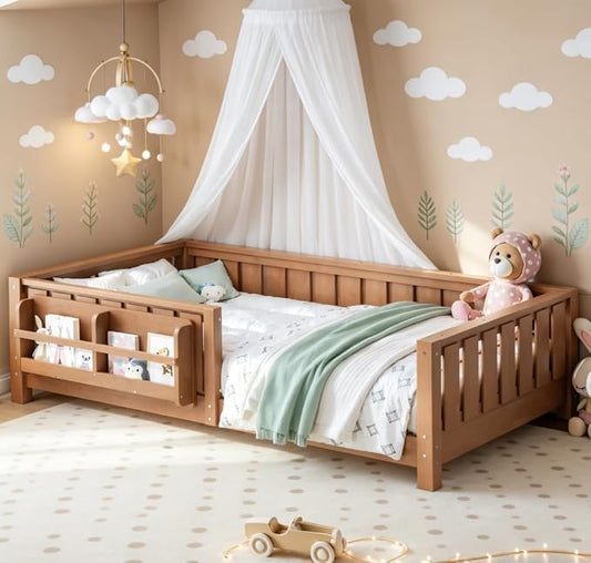 Bellemave Twin Size Floor Bed with high Rails and with Built-in Bookshelf for Kids, Wood Montessori Floor Bed Without Door, Natural