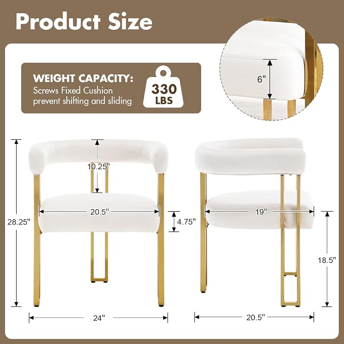 Hyfirm Beige and Gold Modern Dining Chairs Set of 2, Velvet Upholstered Barrel Armchairs with Metal Legs for Kitchen Island, Mid Century Accent Chairs for Dining Room Living Room, Open-Back
