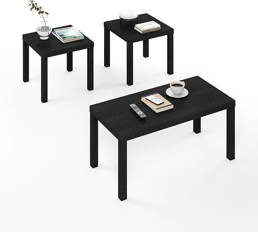 Furinno Classic Living Room Table Set of 3, Modern Rectangle Coffee Table with 2 Square Side Tables, End Tables, 1.8 Inch Thick Tabletop for Living Room, Home Office, Black