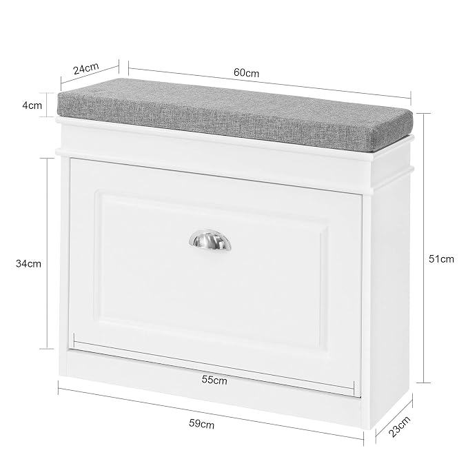SoBuy Tiny Shoe Storage Bench, Narrow Shoe Cabinet for Entryway, Small Shoe Rack with Cushion&2 Tiers Flip-Drawer, Closet Hallway Mudroom White FSR82-K-W