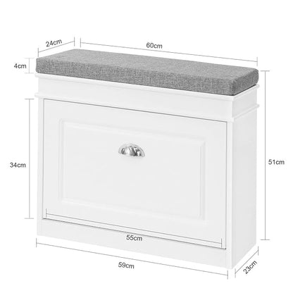 SoBuy Tiny Shoe Storage Bench, Narrow Shoe Cabinet for Entryway, Small Shoe Rack with Cushion&2 Tiers Flip-Drawer, Closet Hallway Mudroom White FSR82-K-W