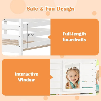 Giantex Wood Bunk Bed Twin Over Twin, House Bed Frame with Ladder and Guardrail, Floor Bunk Bed with Wood Slats for Kids, Girls, Boys, Dormitory and Bedroom, No Box Spring Needed, White