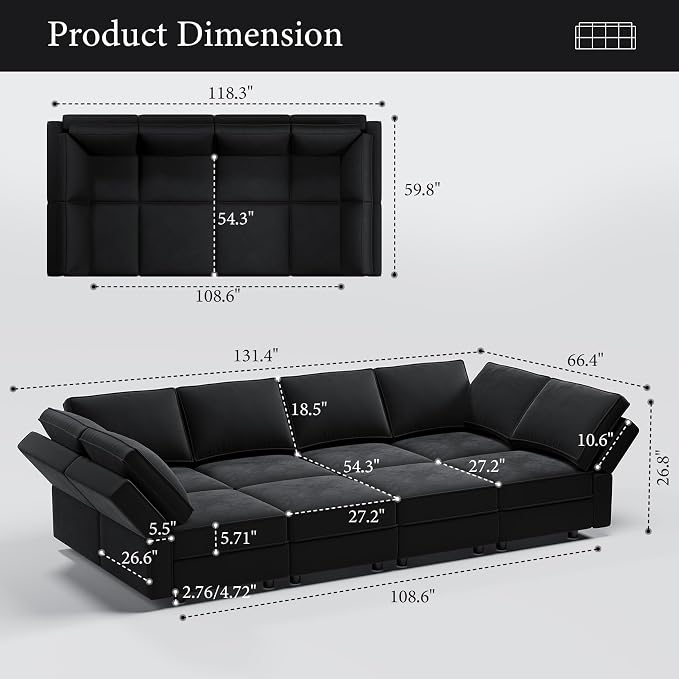 Vesgantti Sectional Sleeper Sofas with Storage, 118" Sofa Bed with 8 Seats Storage Chaises Removable Cover, Deep Seat Modular Couches Velvet Couch Set for Living Room, Apartment, Home Theater, Black