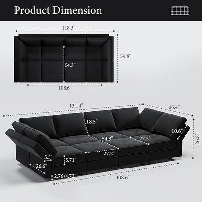Vesgantti Sectional Sleeper Sofas with Storage, 118" Sofa Bed with 8 Seats Storage Chaises Removable Cover, Deep Seat Modular Couches Velvet Couch Set for Living Room, Apartment, Home Theater, Black