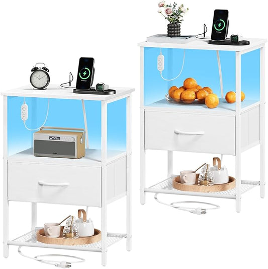 Somdot White Nightstand Set of 2 with Charging Station and LED Light for Bedroom, Bedside Table End Table for Dorm Guest Room Bedside Kids Laundry Closet Entryway Hallway, White Leather