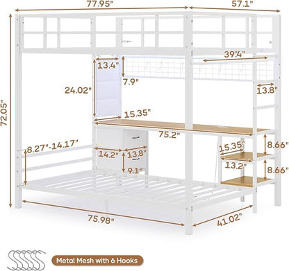 DICTAC Bunk Bed Full Over Twin with Desk and Led Lights Metal Full Over Twin Size Bunk Bed with Charging Station,Storage Shelves and Drawer,Bunk Beds for Teen/Adult with Safety Guard & Ladder,White