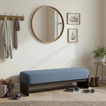 Virubi Elegant Upholstered Loop Yarn Ottoman, Blue End of Bed Entryway Benches, Corner Dining Bench Shoe Stool for Indoor Bedroom Living Dining Room (Blue)