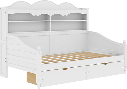 Merax Twin Daybed with Storage Drawers, Wood Twin Day Bed with 3-Tier Storage Headboard Shelves, Retro Style Twin-Size Daybed for Bedroom Guest Room, No Box Spring Needed, Easy Assembly, White